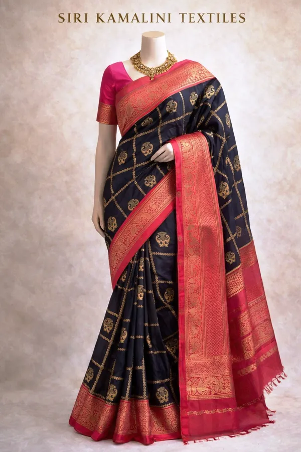 Trending_Gandabherunda_Motifs_With_Checks_Premium__Black_And_Pink_Contrast_Semi_Crepe__Saree