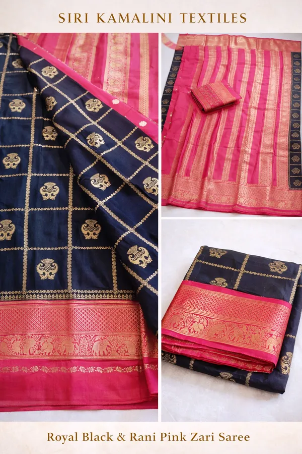 Trending_Gandabherunda_Motifs_With_Checks_Premium__Black_And_Pink_Contrast_Semi_Crepe__Saree