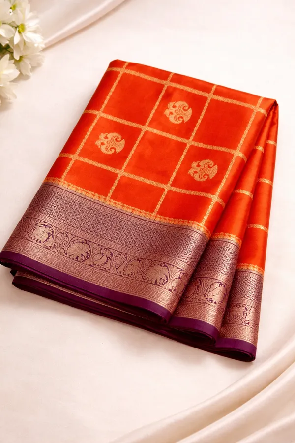 Trending_Rust_Orange_Semi_Crepe_Saree_With_Mejenta_Colour_Border