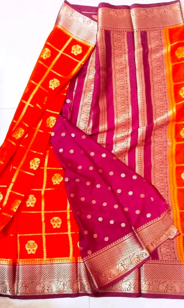 Trending_Rust_Orange_Semi_Crepe_Saree_With_Mejenta_Colour_Border