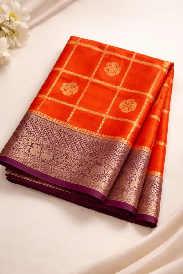 Trending_Rust_Orange_Semi_Crepe_Saree_With_Mejenta_Colour_Border