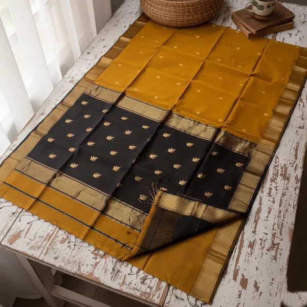 Mustard_Yellow_And_Black_Cotton_Premium_Saree_For_Women