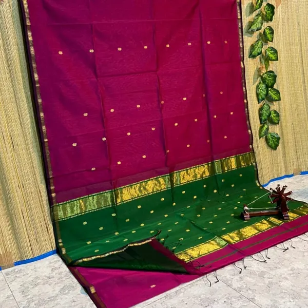Purple_And_Green_Maheshwari_1_Inch_Border_Saree
