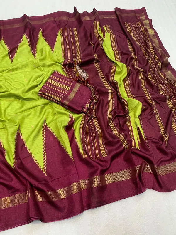 Dola_Silk_Sarees_With_Temple_Border(Parrot_Green_And_Dark_Maroon)