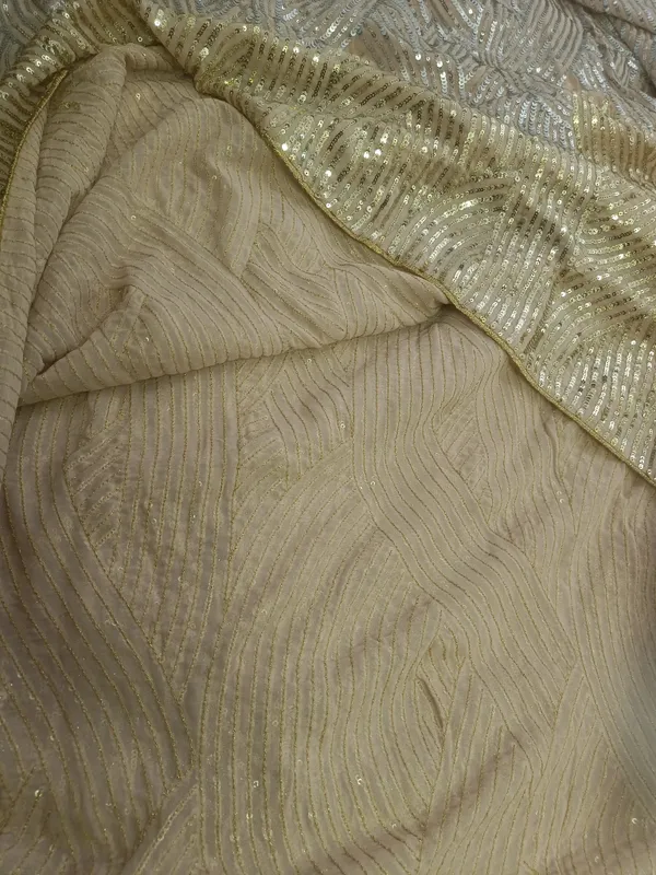5.3_meter_Half_White_Champagne_Silver_Wave_Sequin_Georgette_Fabric(gold_silver_twine_design)_(unstitched)