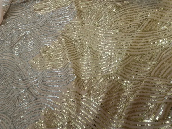 5.3_meter_Half_White_Champagne_Silver_Wave_Sequin_Georgette_Fabric(gold_silver_twine_design)_(unstitched)