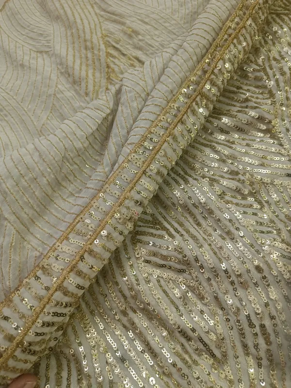 5.3_meter_Half_White_Champagne_Silver_Wave_Sequin_Georgette_Fabric(gold_silver_twine_design)_(unstitched)