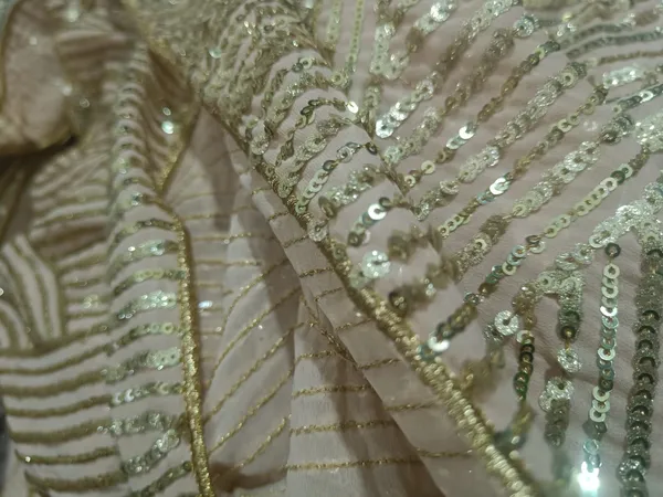 5.3_meter_Half_White_Champagne_Silver_Wave_Sequin_Georgette_Fabric(gold_silver_twine_design)_(unstitched)
