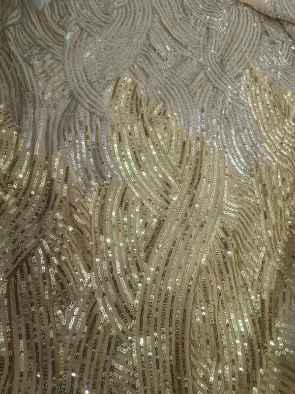 5.3_meter_Half_White_Champagne_Silver_Wave_Sequin_Georgette_Fabric(gold_silver_twine_design)_(unstitched)