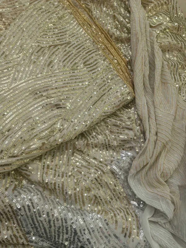 5.3_meter_Half_White_Champagne_Silver_Wave_Sequin_Georgette_Fabric(gold_silver_twine_design)_(unstitched)