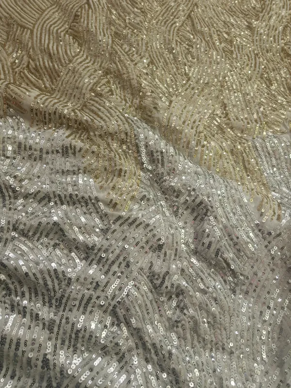 5.3_meter_Half_White_Champagne_Silver_Wave_Sequin_Georgette_Fabric(gold_silver_twine_design)_(unstitched)