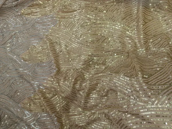5.3_meter_Half_White_Champagne_Silver_Wave_Sequin_Georgette_Fabric(gold_silver_twine_design)_(unstitched)