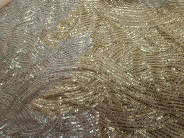 5.3_meter_Half_White_Champagne_Silver_Wave_Sequin_Georgette_Fabric(gold_silver_twine_design)_(unstitched)