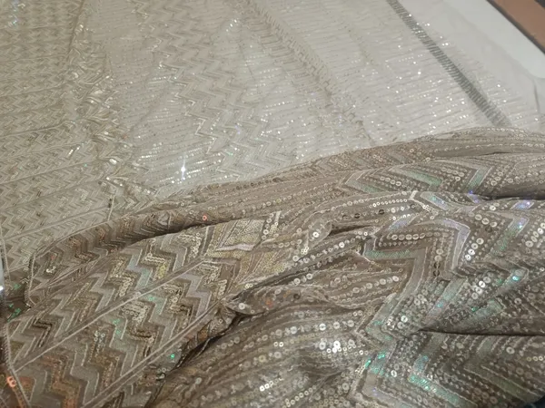 5.3_meter_Pastle_Chocolate_Knitted_Geometric_And_Floral_Sequin_Work_Fabric_With_Geometric_Borders_Unstitched