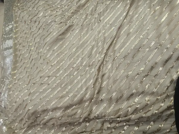 5.3_meter_Cream_Colour_Soft_Sequin_Georgette_Fabric_With_Mirror_Sequence_Border_(unstitched)