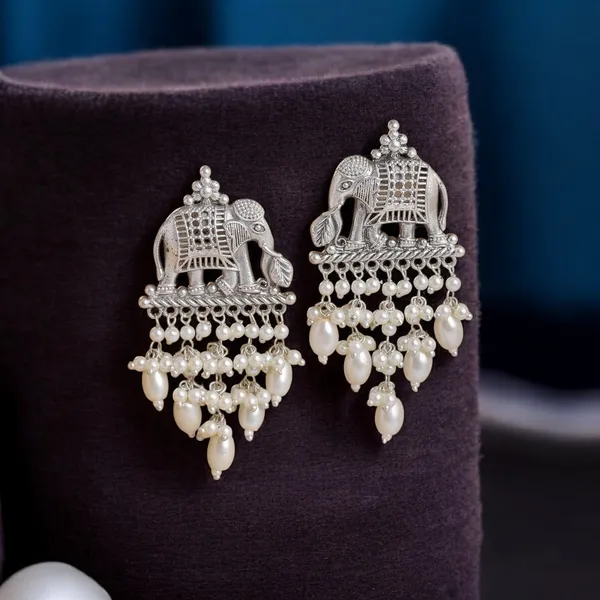 Silver_Brass_Rajwada_Elephant_Danglers:_Silver_Earring_For_Women