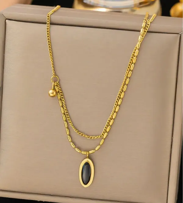 Gold_Stainless_Steel_Double_Layer_Black_Oval_Dew_Necklace_For_Women