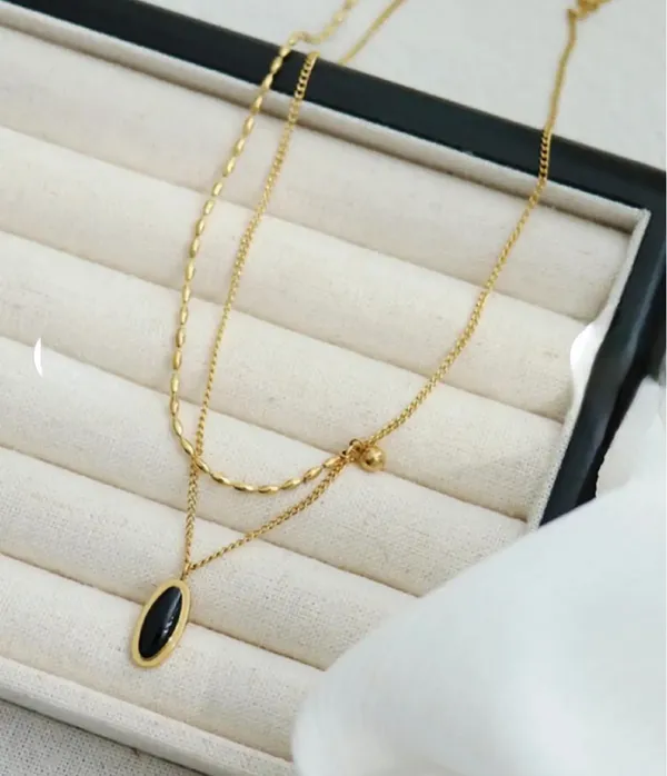 Gold_Stainless_Steel_Double_Layer_Black_Oval_Dew_Necklace_For_Women