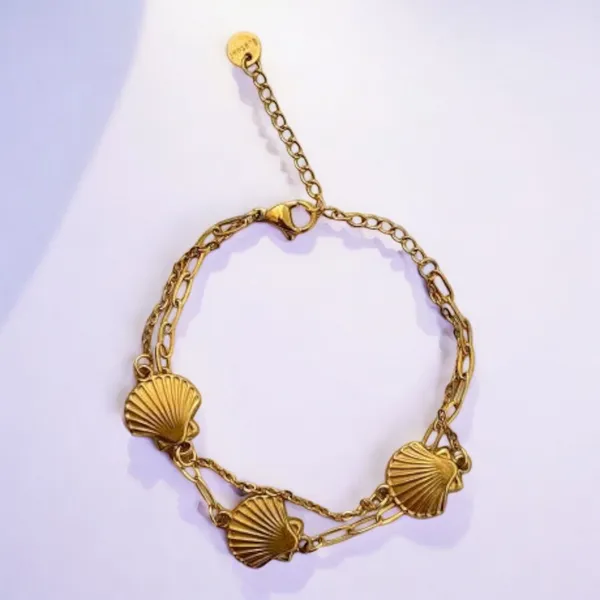 Gold_Stainless_Steel_Double_Layer_Multi__Shells_Bracelet_For_Women