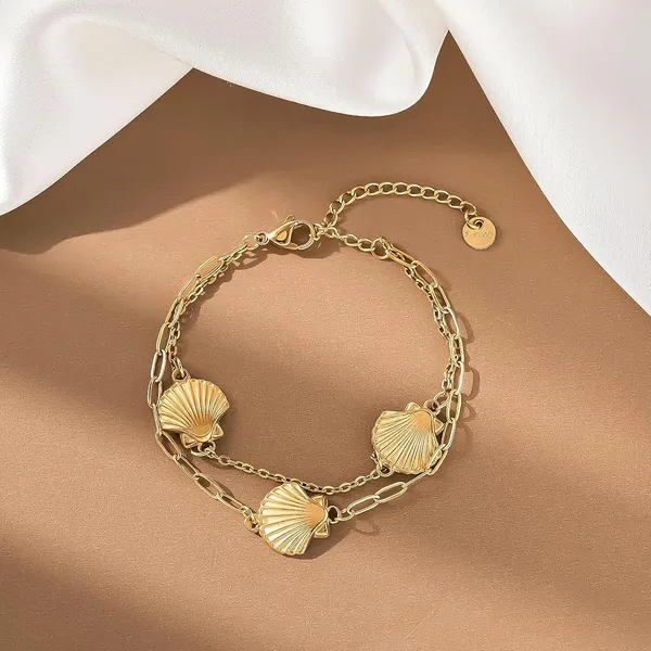 Gold_Stainless_Steel_Double_Layer_Multi__Shells_Bracelet_For_Women