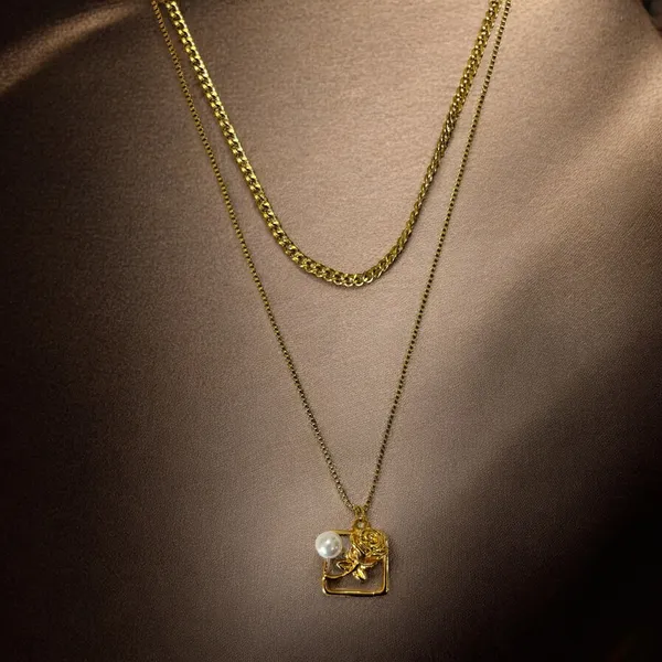 Gold_Stainless_Steel_Square_Rose_Engraved_With_Pearl_Double_Layer_Necklace_For_Women