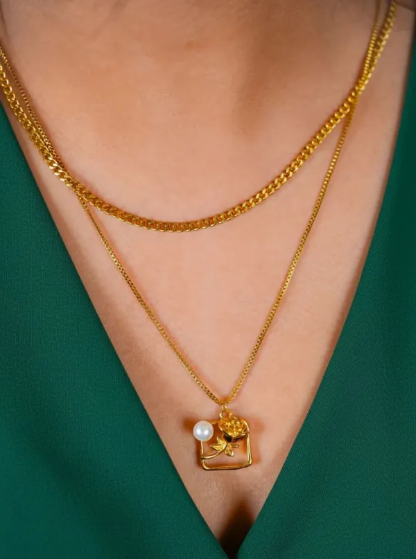 Gold_Stainless_Steel_Square_Rose_Engraved_With_Pearl_Double_Layer_Necklace_For_Women