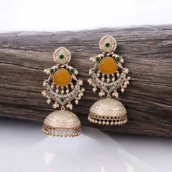 Yellow_With_Green_Brass_Riwaaz__Jhumka_Earring_For_Women