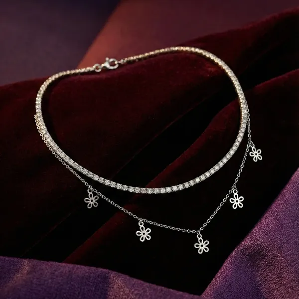 Layered_Flower_Charm_Choker_Necklace__|_Made_By_Pure_925_Silver