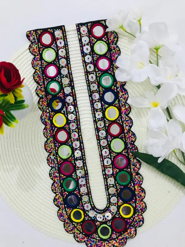PREMDAS_LACE_Black_Multicolour_U-Neck_Fabric_Long_Patch_Collar_�_|_Premium_Sew-On_Neckline_for_Kurtis,_Dresses,_Salwar_Suits,_Blouses_&_Indo-Western_Outfits