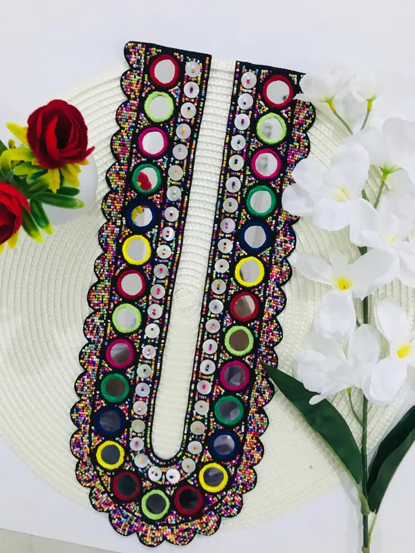 PREMDAS_LACE_Black_Multicolour_U-Neck_Fabric_Long_Patch_Collar_�_|_Premium_Sew-On_Neckline_for_Kurtis,_Dresses,_Salwar_Suits,_Blouses_&_Indo-Western_Outfits