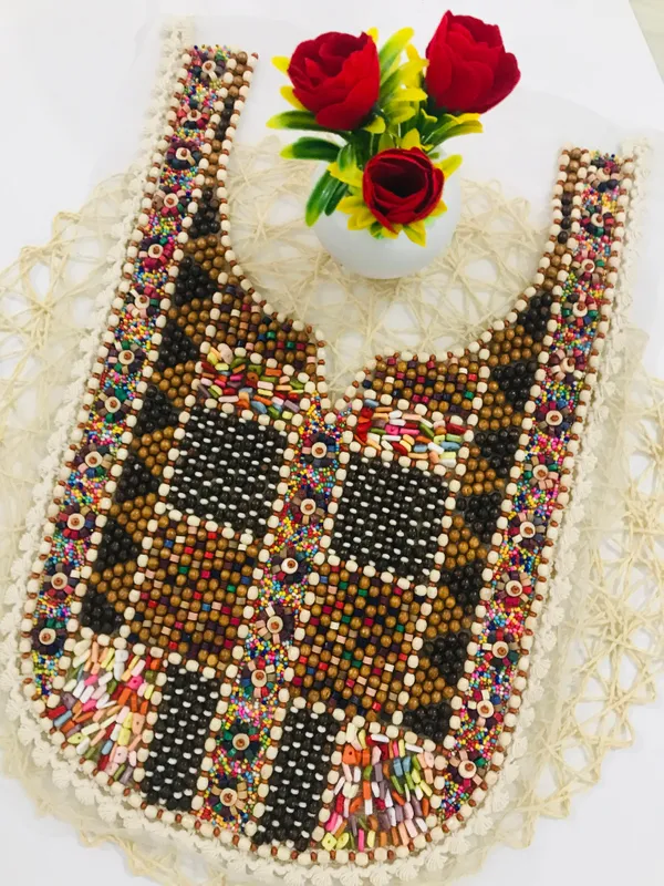 Premda_Lace_Multicolour_Embroidered_Neckline_Patch_Sewing_On_Mirror_Work_Wooden_Beads_Design,_Neck_Patch_for_Kurti_Blouse_Saree_Top_Lehenga_Jacket_Patchwork