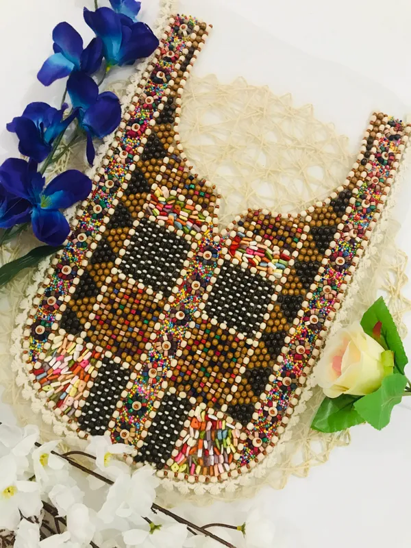 Premda_Lace_Multicolour_Embroidered_Neckline_Patch_Sewing_On_Mirror_Work_Wooden_Beads_Design,_Neck_Patch_for_Kurti_Blouse_Saree_Top_Lehenga_Jacket_Patchwork