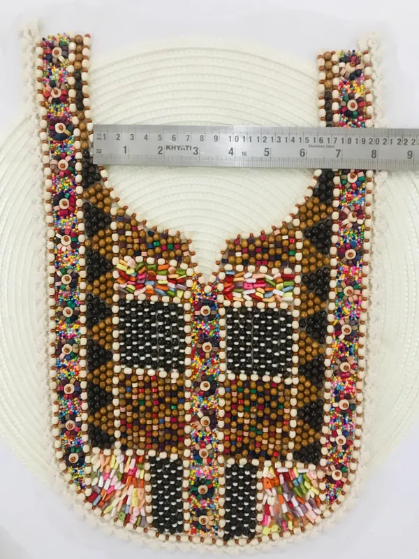 Premda_Lace_Multicolour_Embroidered_Neckline_Patch_Sewing_On_Mirror_Work_Wooden_Beads_Design,_Neck_Patch_for_Kurti_Blouse_Saree_Top_Lehenga_Jacket_Patchwork