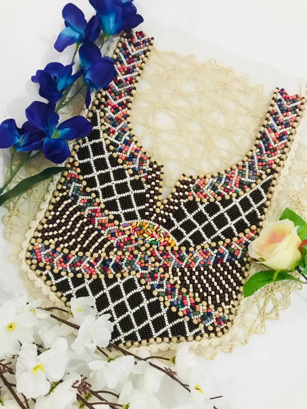 Premdas_Lace_Multicolour_Embroidered_Neckline_Patch_Sewing_On_Mirror_Work_Wooden_Beads_Design,_Neck_Patch_for_Kurti_Blouse_Saree_Top_Lehenga_Jacket_Patchwork