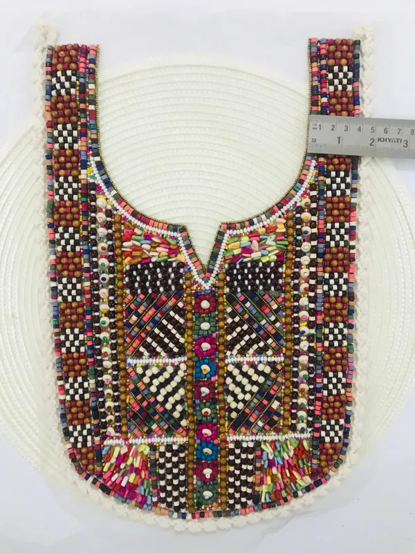 Premdas_Lace_Multicolour_Embroidered_Neckline_Patch_Sewing_On_Mirror_Work_Wooden_Beads_Design,_Neck_Patch_for_Kurti_Blouse_Saree_Top_Lehenga_Jacket_Patchwork