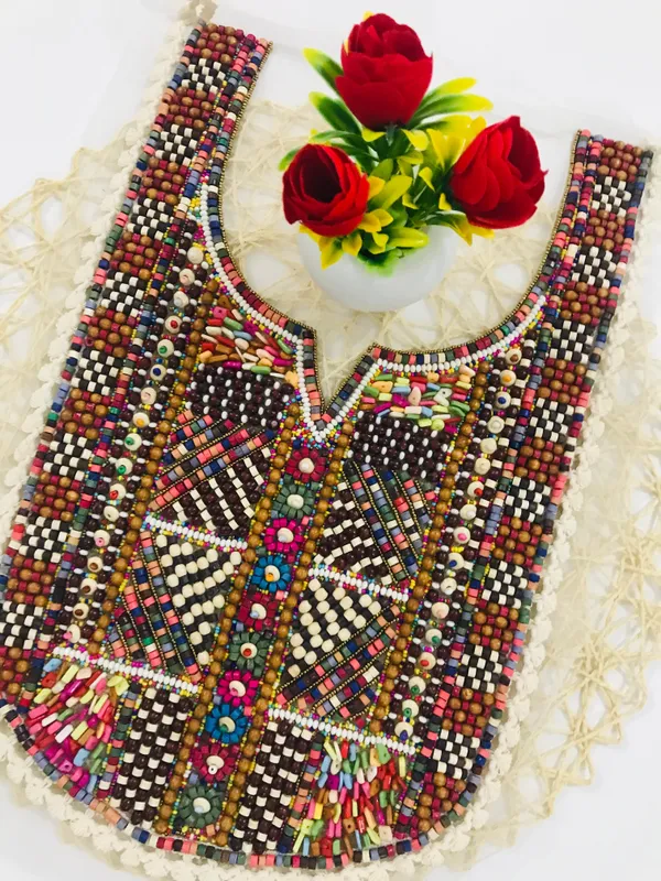 Premdas_Lace_Multicolour_Embroidered_Neckline_Patch_Sewing_On_Mirror_Work_Wooden_Beads_Design,_Neck_Patch_for_Kurti_Blouse_Saree_Top_Lehenga_Jacket_Patchwork