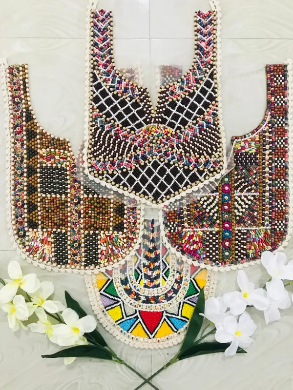 Premdas_Lace_Multicolour_Embroidered_Neckline_Patch_Sewing_On_Mirror_Work_Wooden_Beads_Design,_Neck_Patch_for_Kurti_Blouse_Saree_Top_Lehenga_Jacket_Patchwork