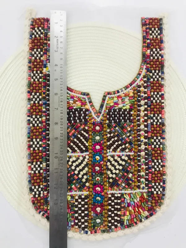 Premdas_Lace_Multicolour_Embroidered_Neckline_Patch_Sewing_On_Mirror_Work_Wooden_Beads_Design,_Neck_Patch_for_Kurti_Blouse_Saree_Top_Lehenga_Jacket_Patchwork