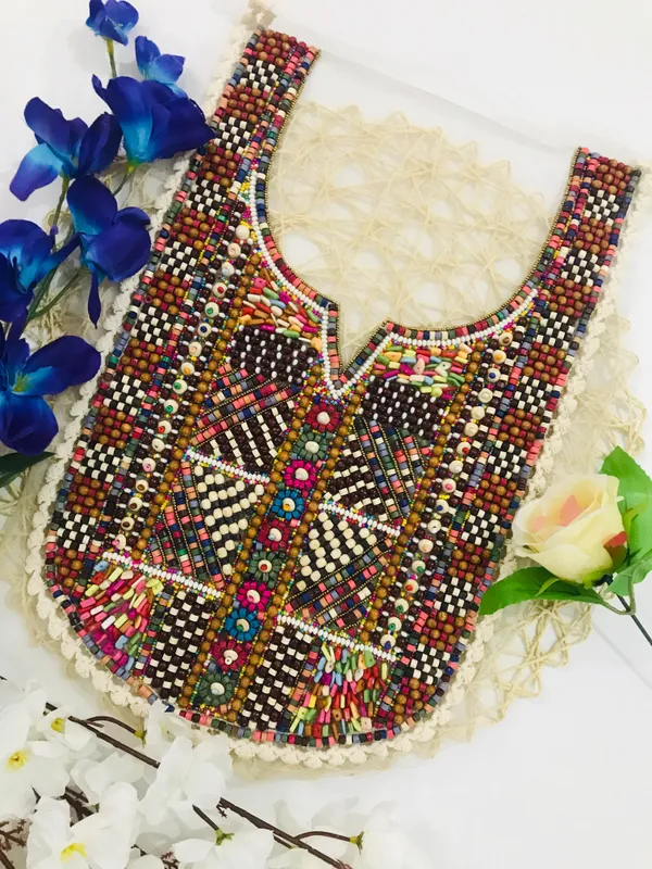 Premdas_Lace_Multicolour_Embroidered_Neckline_Patch_Sewing_On_Mirror_Work_Wooden_Beads_Design,_Neck_Patch_for_Kurti_Blouse_Saree_Top_Lehenga_Jacket_Patchwork