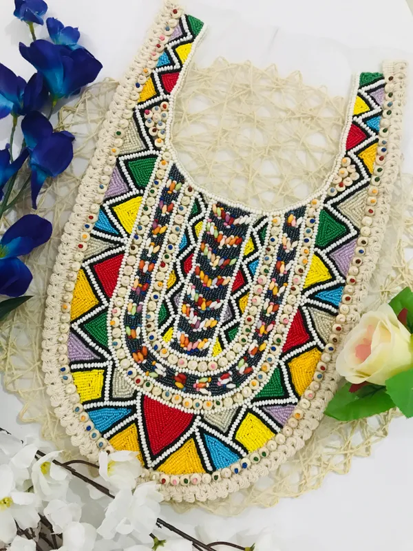 Premdas_Lace_Multicolour_Embroidered_Neckline_Patch_Sewing_On_Mirror_Work_Wooden_Beads_Design,_Neck_Patch_for_Kurti_Blouse_Saree_Top_Lehenga_Jacket_Patchwork
