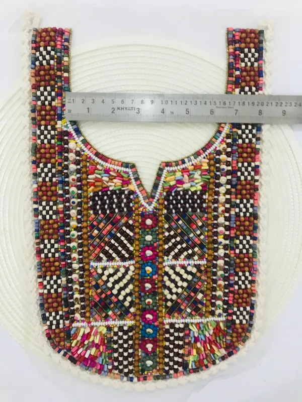 Premdas_Lace_Multicolour_Embroidered_Neckline_Patch_Sewing_On_Mirror_Work_Wooden_Beads_Design,_Neck_Patch_for_Kurti_Blouse_Saree_Top_Lehenga_Jacket_Patchwork