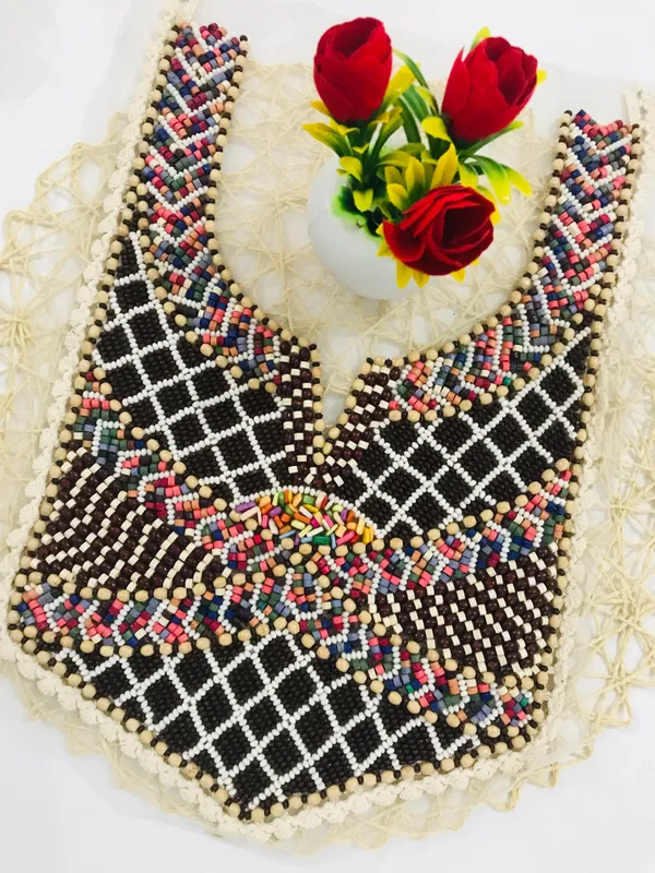 Premdas_Lace_Multicolour_Embroidered_Neckline_Patch_Sewing_On_Mirror_Work_Wooden_Beads_Design,_Neck_Patch_for_Kurti_Blouse_Saree_Top_Lehenga_Jacket_Patchwork