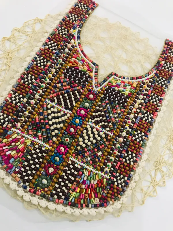 Premdas_Lace_Multicolour_Embroidered_Neckline_Patch_Sewing_On_Mirror_Work_Wooden_Beads_Design,_Neck_Patch_for_Kurti_Blouse_Saree_Top_Lehenga_Jacket_Patchwork