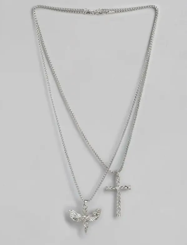 Antique_Angel_And_Cross_Shaped_Silver_Plated_Stainless_Steel_Pendants_With_Chains_Combo_Set_Of_2