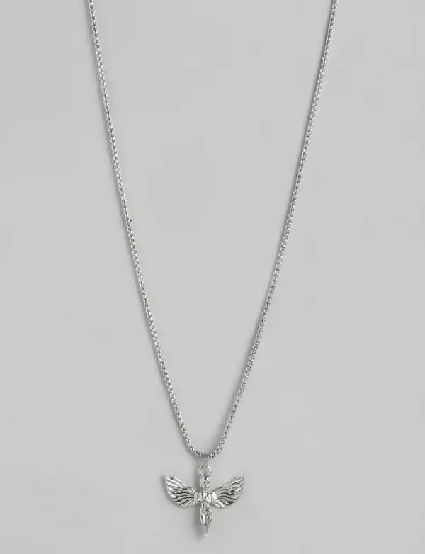 Unisex_Antique_Angel_Shaped_Silver_Toned_Rhodium_Plated_Pendant_With_Chain