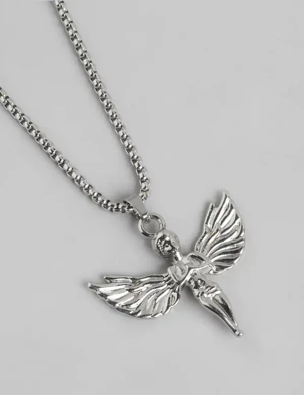 Unisex_Antique_Angel_Shaped_Silver_Toned_Rhodium_Plated_Pendant_With_Chain