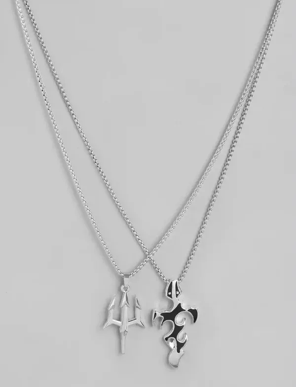 Unisex_Stylish_Anime_Dragon_Tooth_And_Fire_Sword_Silver_Polished_Pendants_With_Chains_Combo_Set_Of_2