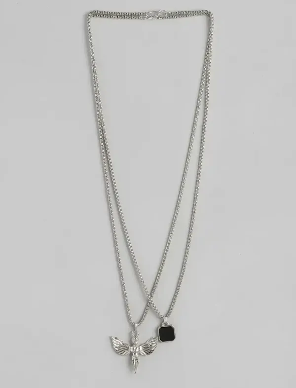 Unisex_Antique_Angel_And_Square_Stainless_Steel_Pendants_With_Chains_Set_Of_2