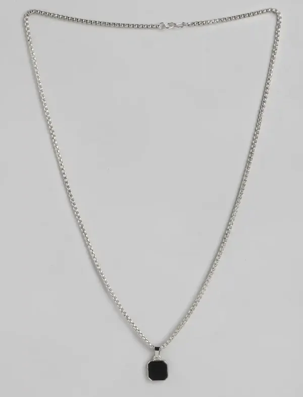Unisex_Antique_Square_Pendant_And_Silver_Chain_Stainless_Steel_Set_Of_2