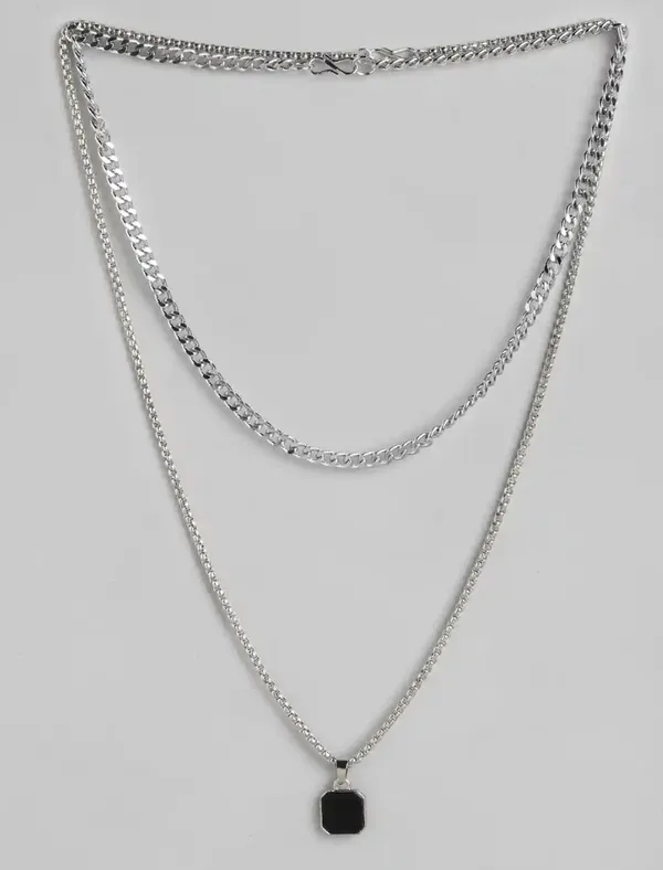 Unisex_Antique_Square_Pendant_And_Silver_Chain_Stainless_Steel_Set_Of_2